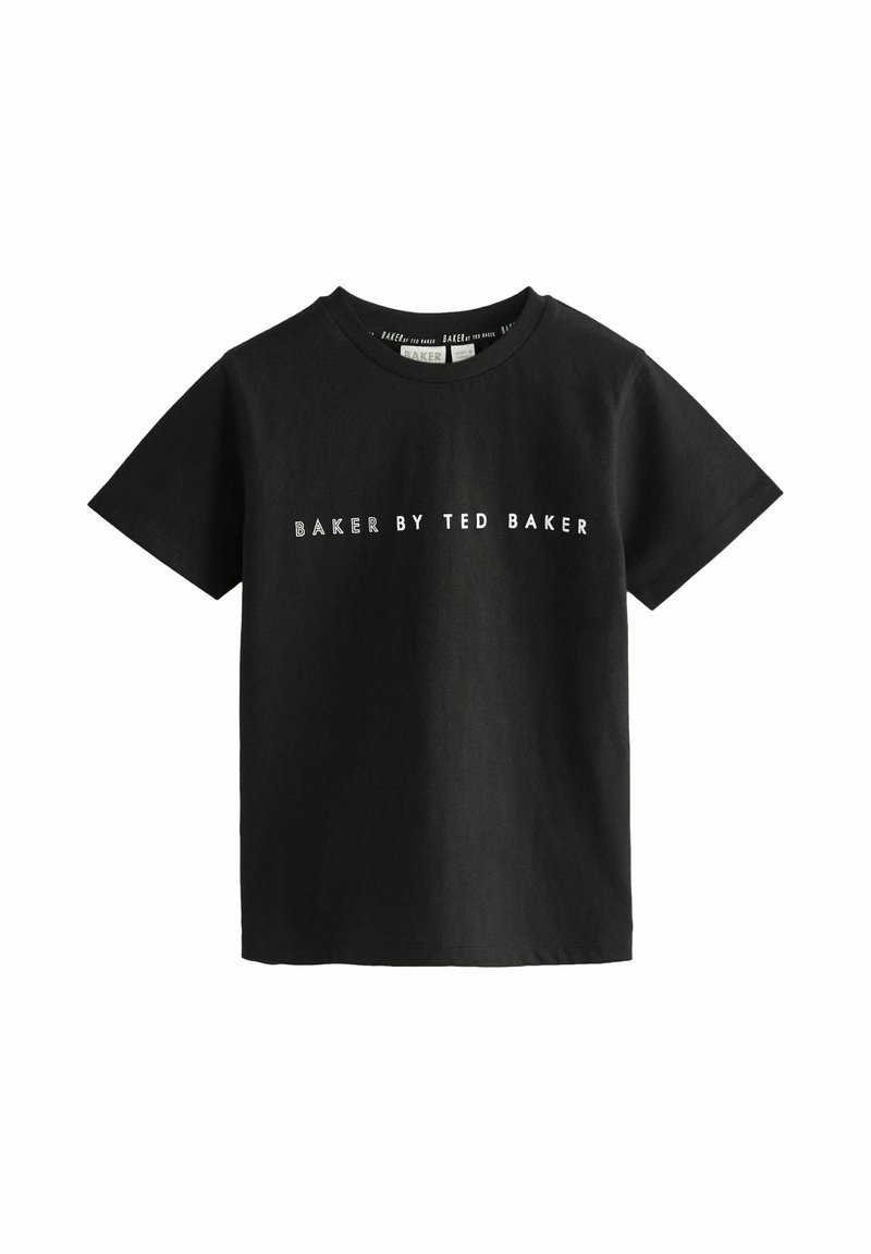 Čierne bavlnené tričko s krátkymi rukávmi, okrúhlym výstrihom a predným nápisom "BAKER BY TED BAKER" v bielej farbe.