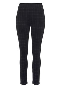 Schwarze Leggings mit einem Rautenmuster in goldenen Linien, ausgestattet mit einem hohen Bund, elastischem Material und einer figurschmeichelnden Passform.