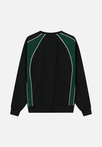 Zwarte sweatshirt met groene en witte accenten, voorzien van een ronde hals en lange mouwen. Gemaakt van zacht, textuurstof.
