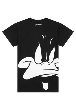 Sort T-shirt med en stor hvid grafik af en vred and, der dækker ryggen, med markante øjne og næbdetaljer.