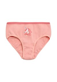 Ropa interior de algodón rosa con una cinturilla elástica roja. Presenta un gráfico de un unicornio con espirales y la palabra "Mágico" en rosa.