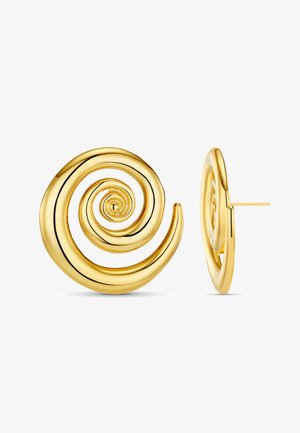 Goldene, spiralförmige Ohrstecker, von vorne und der Seite gezeigt, die glatte, polierte Kurven und das Steckverschluss-Design hervorheben.