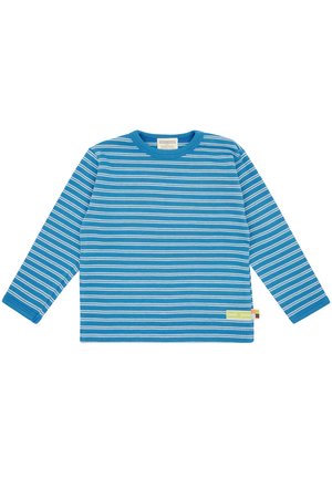 Camicia a maniche lunghe blu a righe con strisce bianche orizzontali, tessuto morbido, collo a giro, polsini a costine e un'etichetta sull'orlo.