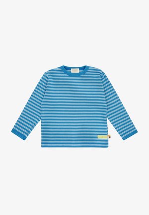 Langarmhemd in Blau mit horizontalen weißen Streifen, weicher Stoff, Rundhalsausschnitt, gerippte Bündchen und ein Etikett am Saum.