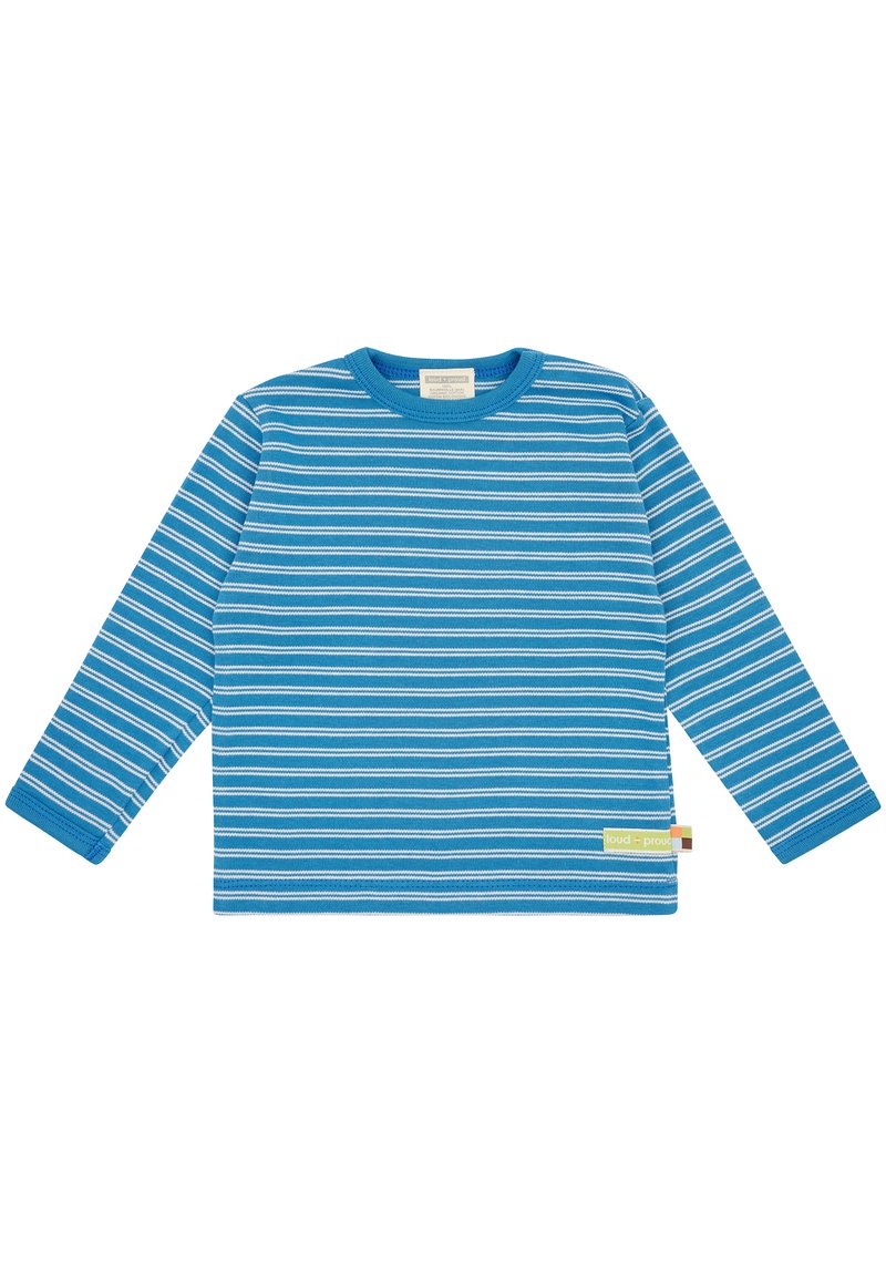 Camicia a maniche lunghe blu a righe con strisce bianche orizzontali, tessuto morbido, collo a giro, polsini a costine e un'etichetta sull'orlo.
