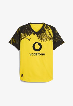 Geel en zwart Borussia Dortmund voetbalshirt met Vodafone-logo, Puma-merk en BVB 09-embleem op de voorkant.