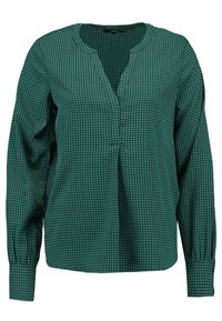 Grön houndstooth-mönstrad blus med långa ärmar, v-ringning och avslappnad passform. Tillverkad av ett lätt tyg med en slät yta.