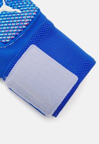 Blauer Sporthandschuh mit verstellbarem Riemen und rosa sowie türkisfarbenen Akzenten, der ein weißes, springendes Tier-Logo zeigt.