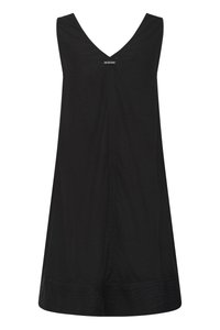 Robe noire sans manches en ligne A avec encolure en V et étiquette « IW.EDITION » centrée sous l'encolure.