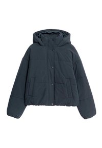 Mørkegrå puffjakke med hætte, knapsløjfe, quiltet tekstur og to forlommer. Har en cropped silhuet.