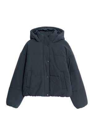 Tmavě šedá péřová bunda s kapucí, zapínání na patenty, prošívaná textura a dvě přední kapsy. Vyznačuje se zkráceným střihem.