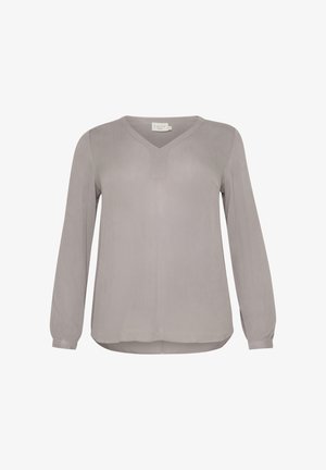 Langärmlige, hellgraue Bluse mit V-Ausschnitt und Knopfdetails. Aus glattem Stoff gefertigt, mit lässiger Passform und abgerundetem Saum.