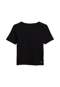 Schwarzes kurzärmliges T-Shirt aus weichem Stoff, mit einem runden Ausschnitt und einem kleinen metallischen Logo-Tag am Saum.