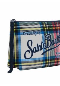 Borsa con cerniera dal motivo a quadri colorato e testo "Sognando il Paradiso Invernale di Saint Barth" sul davanti, con una cerniera blu navy.