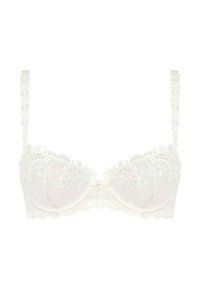 Underwire bh i lys kremfarge med blonder og blomsterbroderi, featuring en satengsløyfe i midten og justerbare, dekorative stropper.