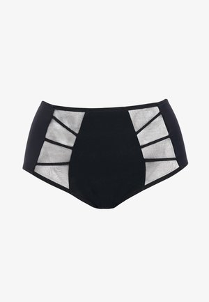 Hoge taille bikini onderkant van zwarte stof, met doorzichtige paneelaccenten en gestructureerde zijdetails voor een geometrisch ontwerp.
