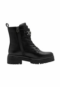 Black leather ankle boot with a chunky sole, features lace-up front, side zipper, and metal accents. Textured detailing near the sole.