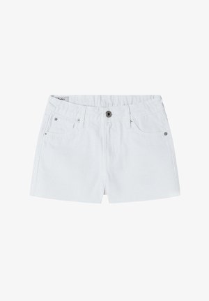 Shorts di jeans bianchi con vita a cintura e passanti per cintura, tasche frontali e design classico a cinque tasche. Chiusura con bottone metallico.