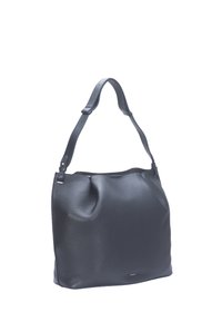 Grand sac fourre-tout en cuir noir avec une surface texturée, des anses larges et une forme souple. Design minimaliste sans éléments métalliques visibles.