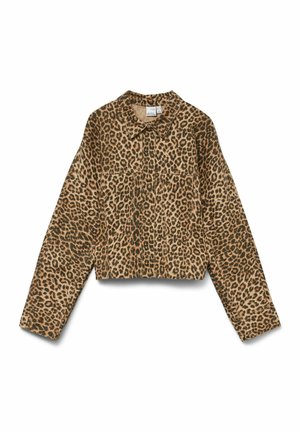 Kraťasová bunda s leopardským potiskem, se zapínáním na knoflíky, dlouhými rukávy a strukturovanou tkaninou, ve béžovo-hnědé barevné kombinaci.