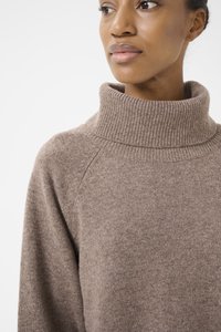 Brown knit sweater with a high ribbed collar and raglan sleeves, featuring a soft texture and a relaxed fit.
