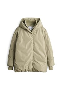 Piumino in verde oliva chiaro, con cappuccio, polsini a costine e chiusura a zip con bottoni a pressione. Materiale liscio e lucido.