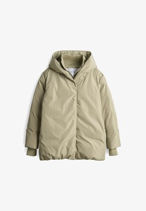 Puffer coat in light olive green, featuring a hood, ribbed cuffs, and a zipper closure with snap buttons. Smooth, shiny material.