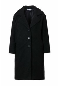 Manteau oversize noir en tissu texturé, doté d'un large col, de trois boutons et d'une coupe droite avec des poches latérales dissimulées.