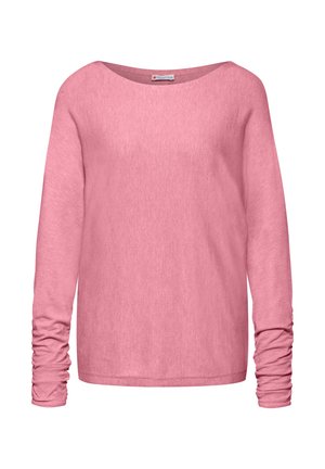 Långärmad topp i mjuk rosa tyg, med en vid halsringning och rynkade detaljer vid ärmsluten. Slät, lätt textur.