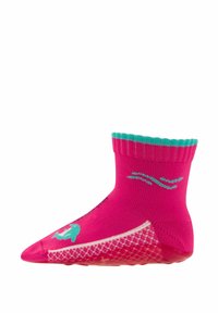 Helle pinke Knöchelsocke mit türkisfarbenem Rand, Wellenmustern und Antirutschpunkten auf der Sohle, vor einem weißen Hintergrund präsentiert.