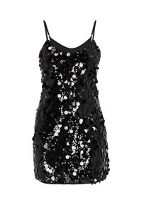 Fekete flitteres ruha vékony pántokkal, testhezálló szabással és sima textúrával. A flitterek fényvisszaverő, csillogó felületet alkotnak.
