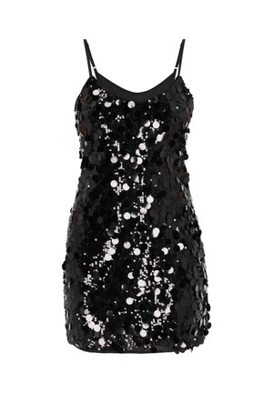Czarna sukienka z cekinami na cienkich ramiączkach, o dopasowanym kroju i gładkiej fakturze. Cekiny tworzą refleksyjną, błyszczącą powierzchnię.