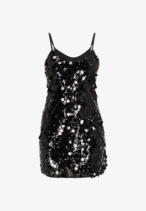 Czarna sukienka z cekinami na cienkich ramiączkach, o dopasowanym kroju i gładkiej fakturze. Cekiny tworzą refleksyjną, błyszczącą powierzchnię.