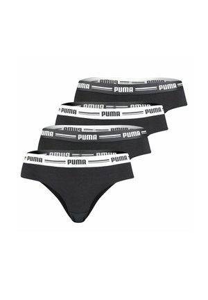 Four pairs of black underwear with a white Puma logo elastic waistband. Smooth fabric, seamless edges, and low-rise cut design.