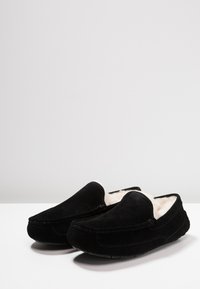 Svarta mocka slip-in tofflor med mjukt krämfärgat fuskpälsfoder och sydda detaljer längs kanterna. Rund tå och platt sula.