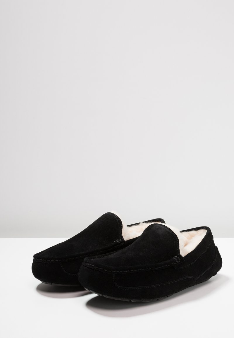 Black suede slip-on slippers with a soft cream faux fur lining and stitched detailing along the edges. Rounded toe and flat sole.