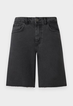 Black denim shorts with a frayed hem, classic five-pocket design, button closure, and structured fit.