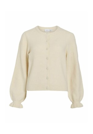 Lyse beige, strikket cardigan med rund hals, knaplukning og puffede ærmer. Har ribbede manchetter og kant med glat tekstur.
