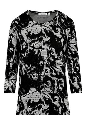 Schwarzes und weißes Langarmoberteil mit abstrakten Mustern und Streifen, runder Halslinie und einem strukturierten, gewebten Stoff.
