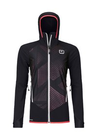 Black and red hooded jacket with geometric pattern on front, full front zipper, side pockets, and thumb holes on sleeves.