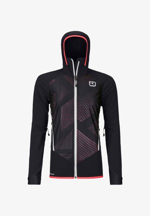 Black and red hooded jacket with geometric pattern on front, full front zipper, side pockets, and thumb holes on sleeves.