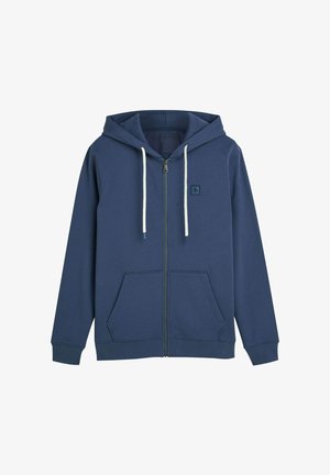 Marineblauer Kapuzenpullover mit Reißverschluss aus weichem Stoff, mit klassischem Design, Fronttaschen, kontrastierenden elfenbeinfarbenen Kordeln und einem kleinen Logopatch.