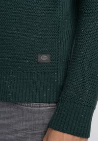 Groene gebreide trui met een gemêleerd patroon, geribbelde boorden en onderkant, met een klein zwart merklabel aan de zijkant.