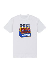 Bílý bavlněný tričko s grafikou čtyř skleněných lahví sodovky v modrožluté krabici s výrazně vytištěným nápisem "PEPSI".