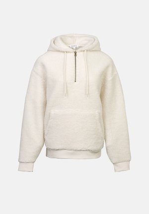 Cream-colored sherpa fleece hoodie with front kangaroo pocket, drawstring hood, and short front zipper on plain background.