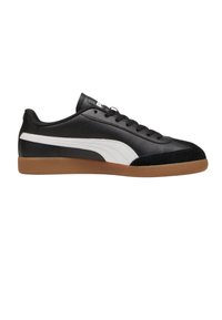 Sorte lædersneakers med hvid side-stribe, suède tåhætte og brun gummisål. Har et enkelt snøredesign og polstret krave.