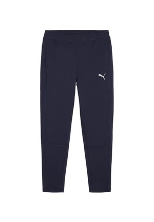 Pantaloni della tuta navy realizzati in un tessuto morbido, con design affusolato, vita elastica e sottili accenti blu con un logo bianco sulla coscia sinistra.
