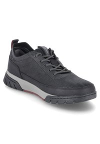 Schwarzer Netz-Laufschuh mit grauen Akzenten. Verfügt über einen gepolsterten Schaft, eine runde Zehenpartie und eine strukturierte Sohle mit Traktionsrillen.