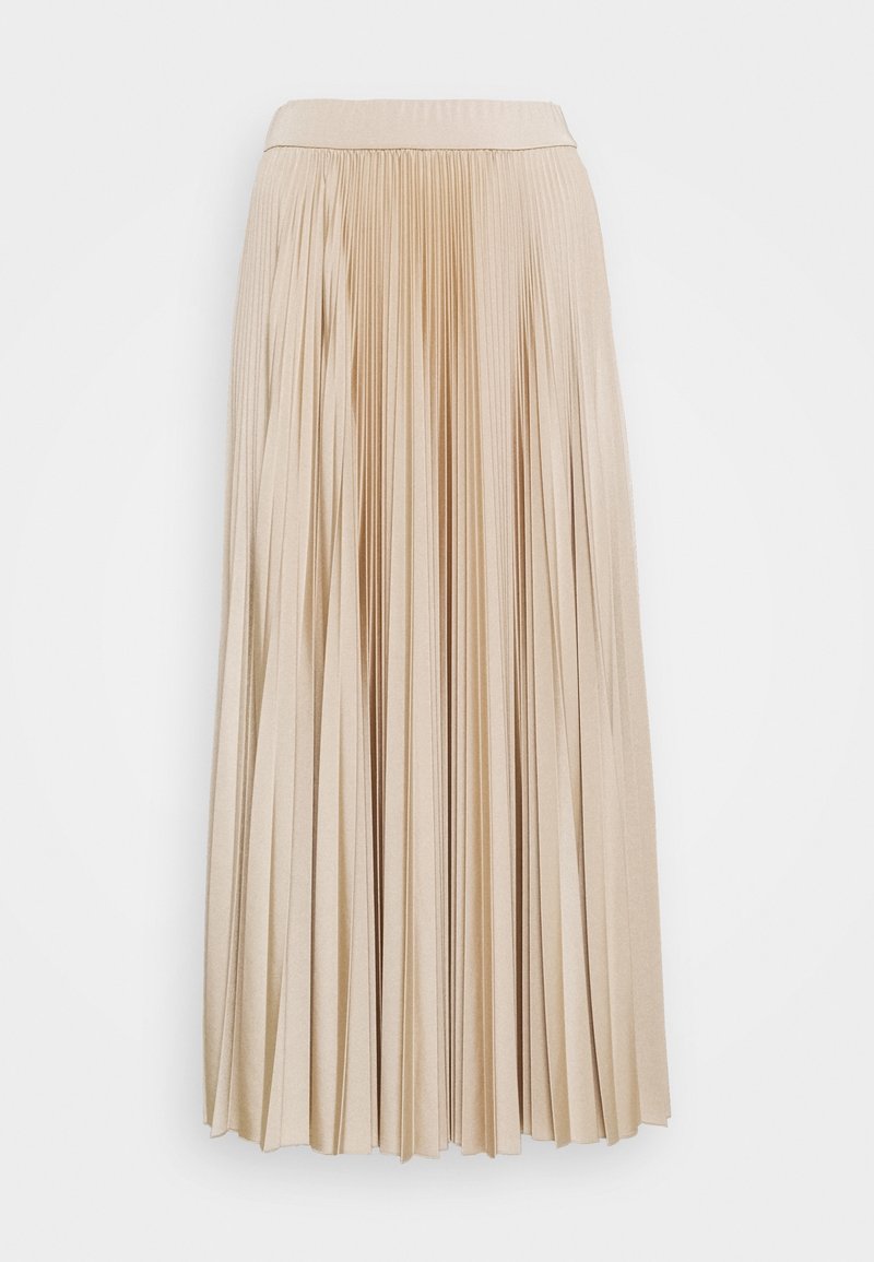 Jupe midi plissée beige avec taille élastique, tissu doux et plis verticaux pour un look fluide et élégant.