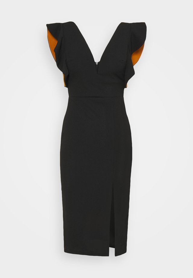 V NECK RUFFLE SLEEVE MIDI DRESS - Cocktail dress / Party dress - black/rust